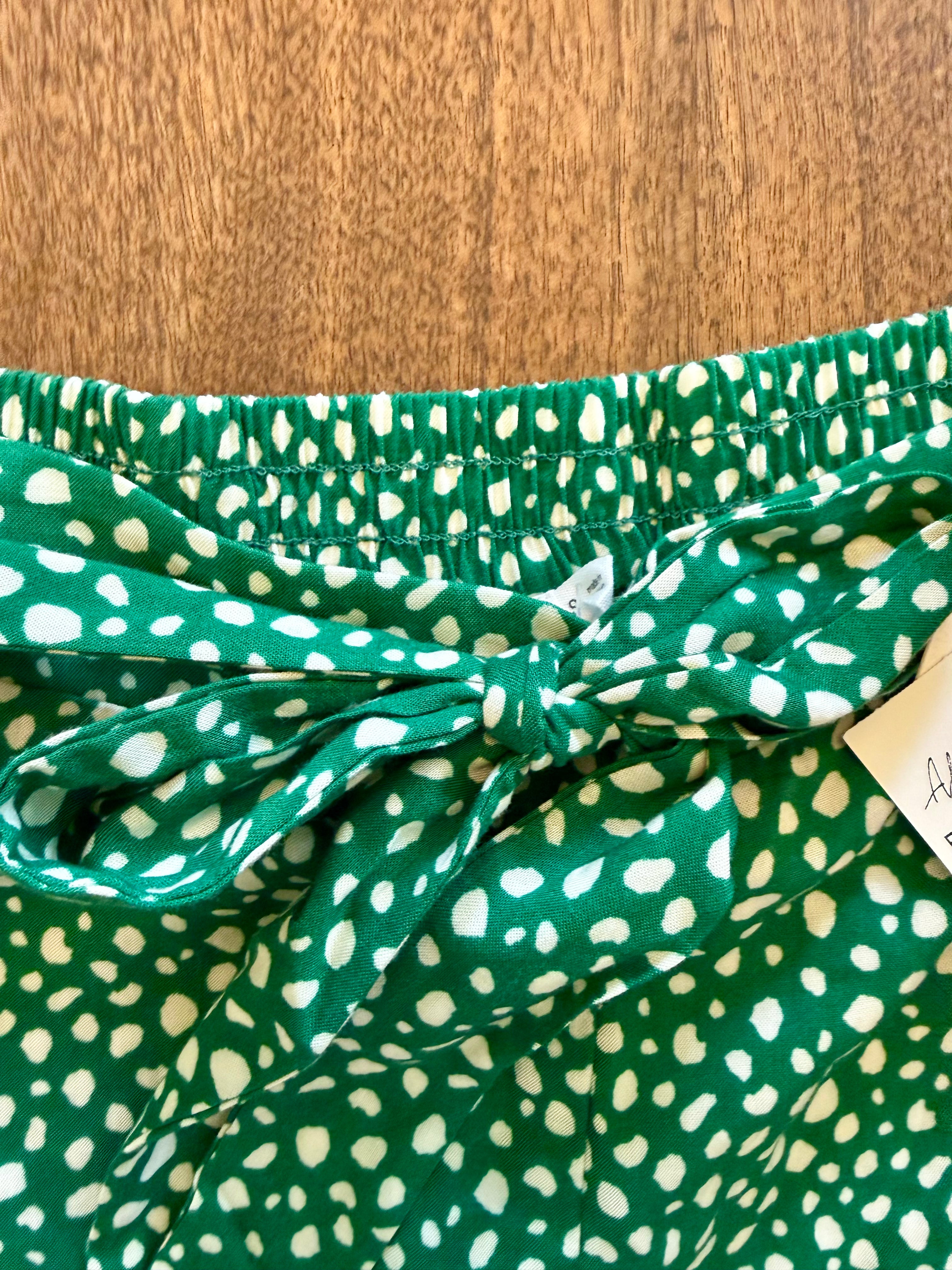 NWT-All in Favor Nordstrom Green & White Polka Dot Tie-Waist Shorts