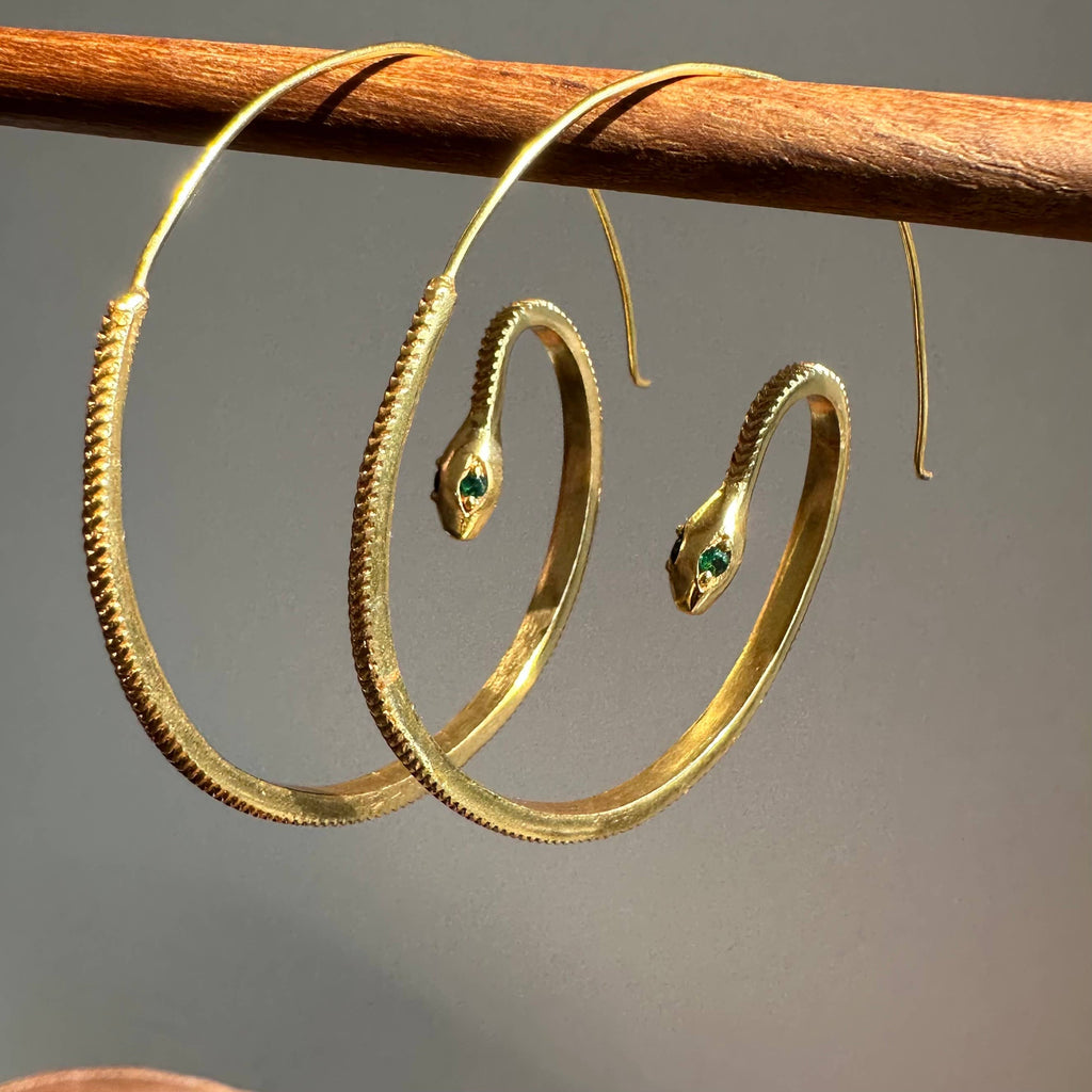 Green Zircon Earrings | Snake Gold Hoops | 18K Gold-Plated