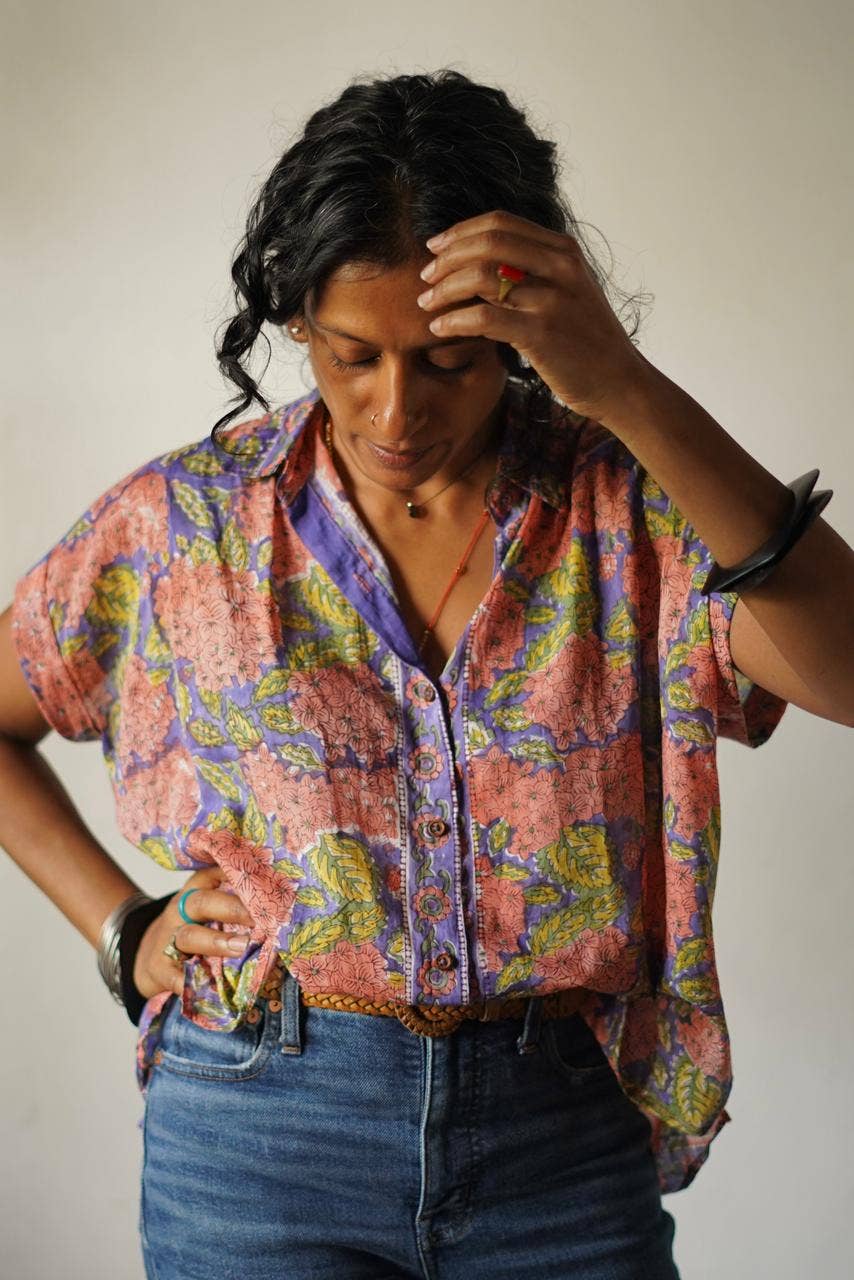 Hand Block Print Muslin Cotton Button Up : Free Size