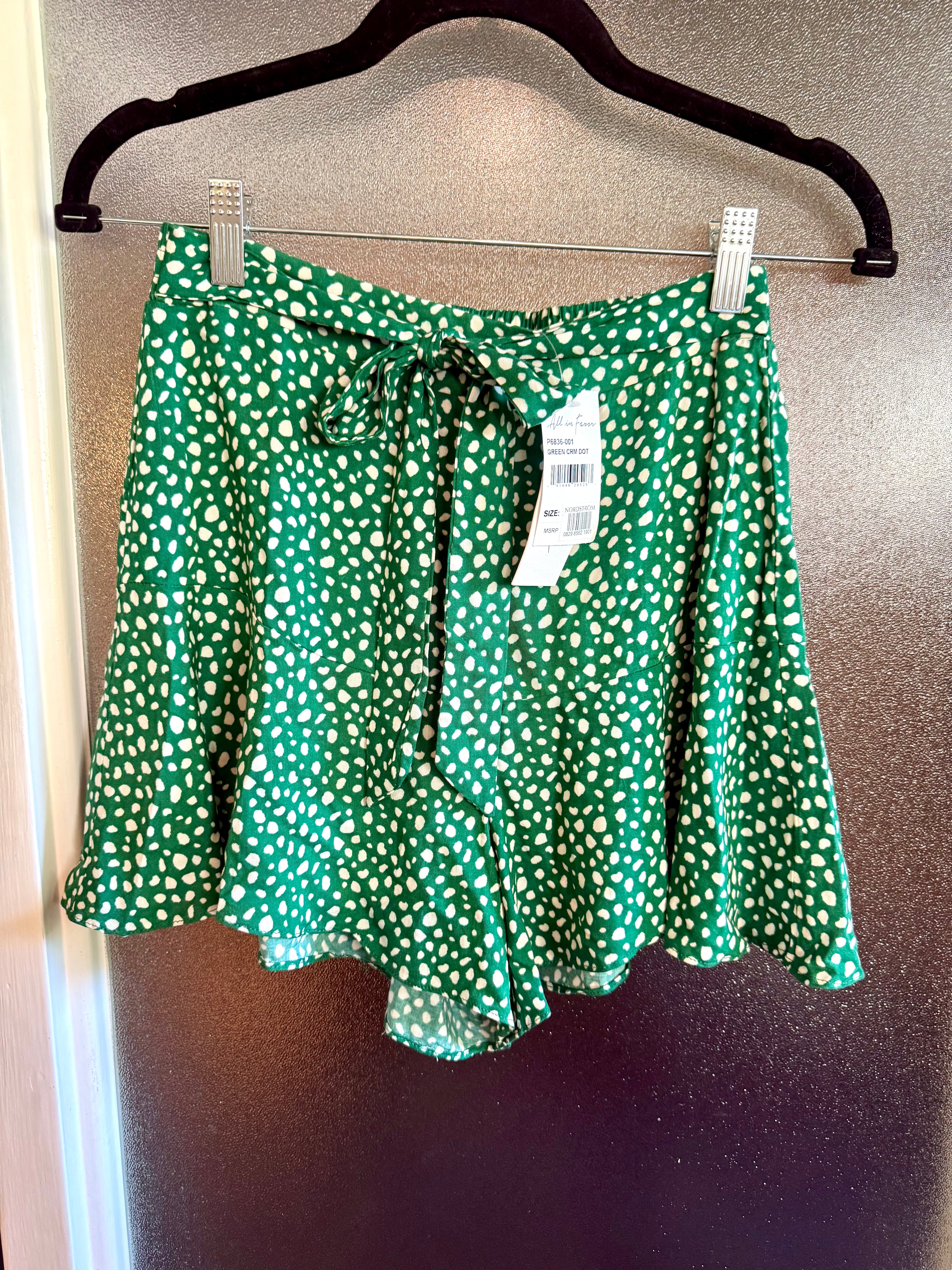 NWT-All in Favor Nordstrom Green & White Polka Dot Tie-Waist Shorts