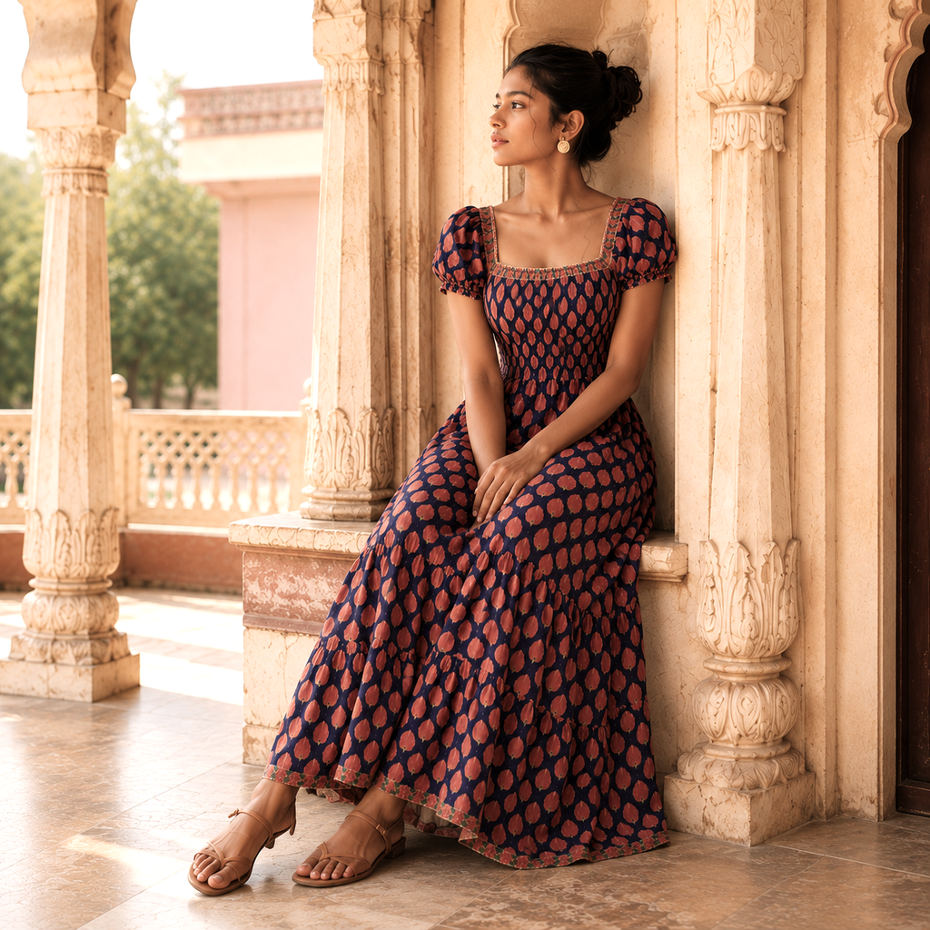 The Paloma Smocked Maxi Dress- Block Printed