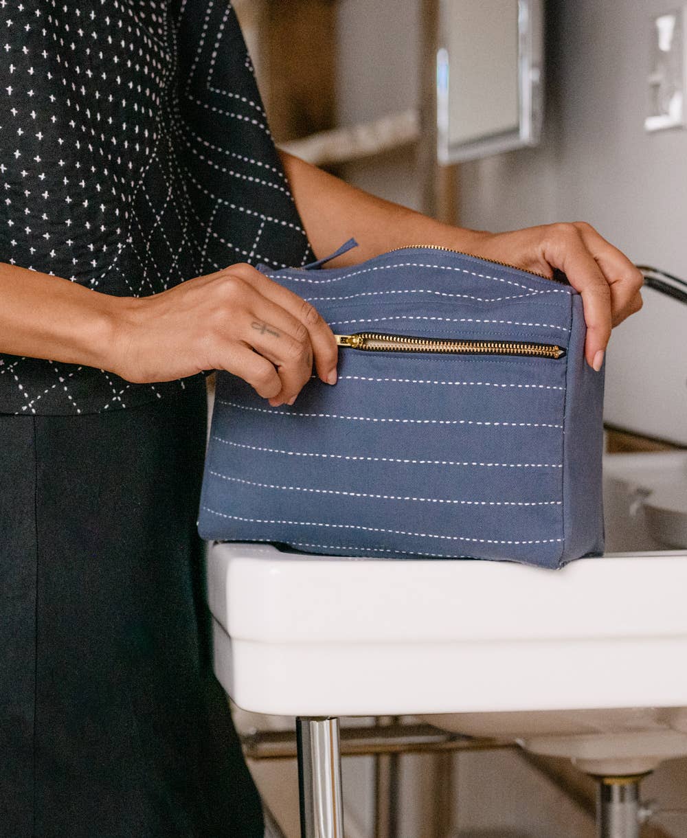 Pin-Stitch Large Toiletry Bag- Pine Green
