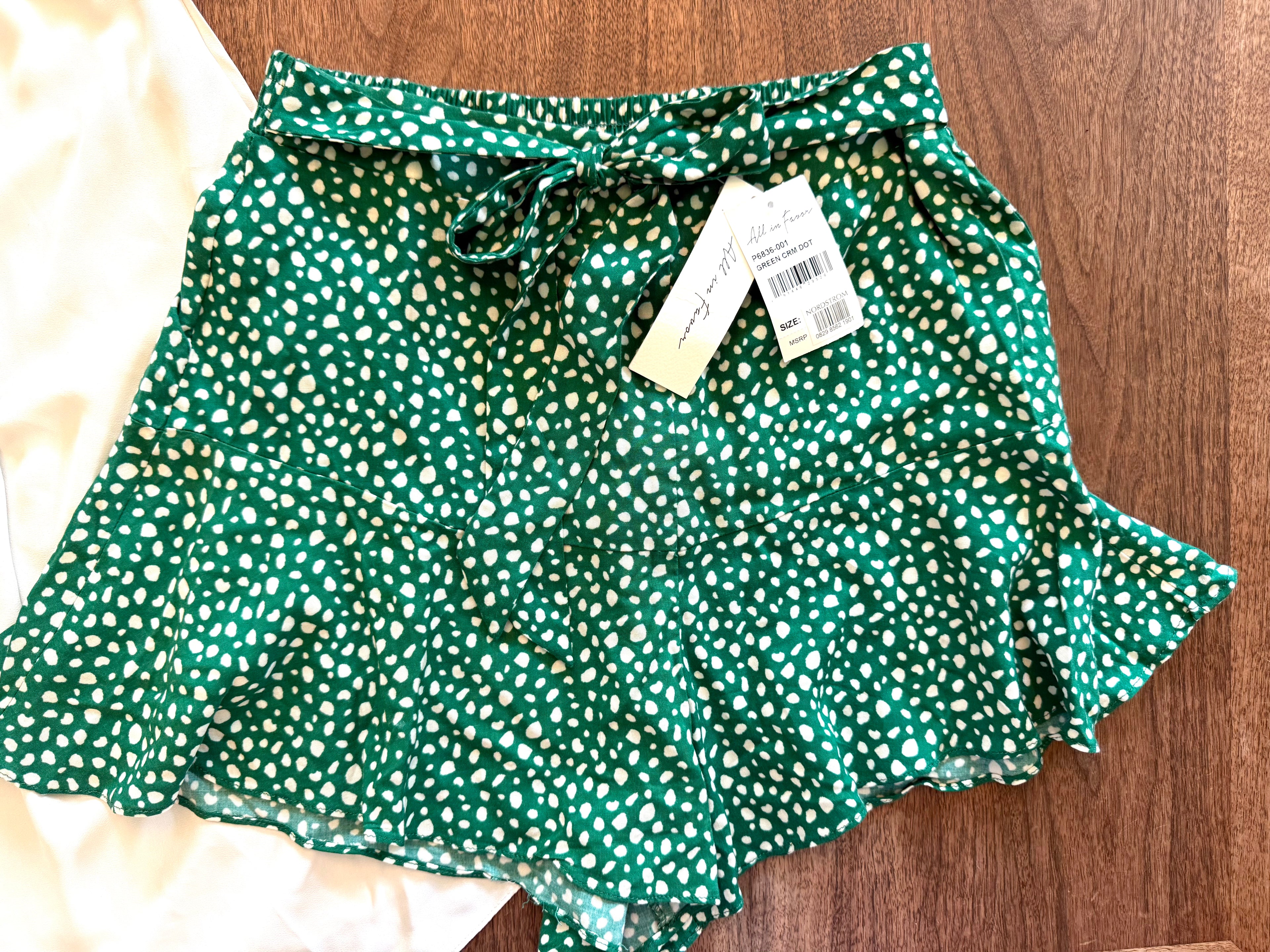 NWT-All in Favor Nordstrom Green & White Polka Dot Tie-Waist Shorts