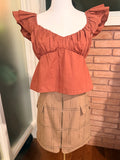 Abercrombie & Fitch Ruffle Sleeve Sweetheart Cropped Top – Rust / Burnt Orange- XS
