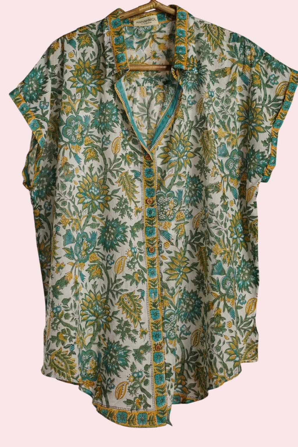 Hand Block Print Muslin Cotton Button Up : Free Size