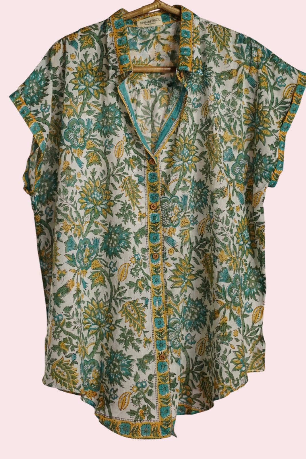 Hand Block Print Muslin Cotton Button Up : Free Size