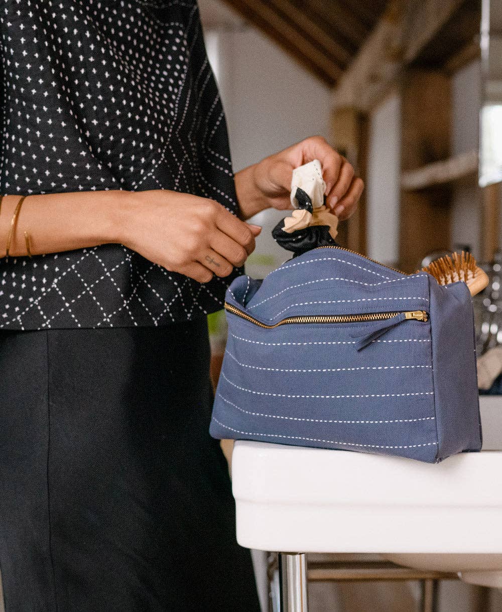 Pin-Stitch Large Toiletry Bag - Slate
