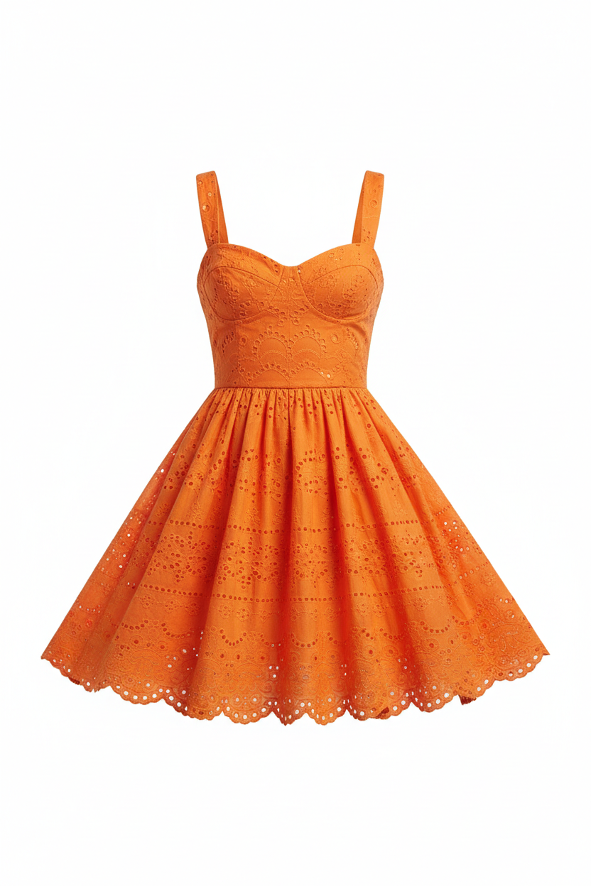 Orange eyelet fit-and-flare dress with structured bodice and flared skirt